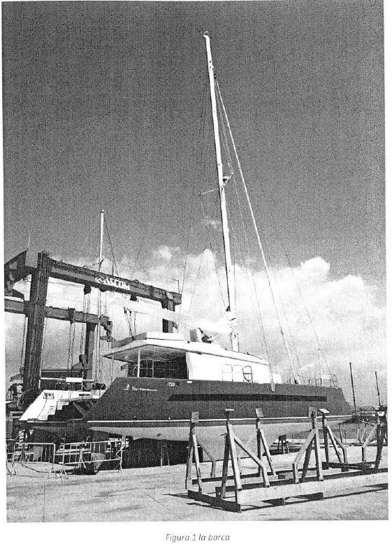 Imbarcazione catamarano a vela con motore prototipo prodotta dalla SETMARINE S.R.L.
Lunghezza f.t. 18.90 mt.
Larghezza f.t. 9.30 mt.
Pescaggio 1.60 mt.
Altezza di costruzione 2.57 mt.
Dislocamento scarico 26 t.
Dislocamento di pieno carico 32.41 t.
Carena in fibra di vetro e resina di vinilestere con rinforzi locali in carbonio.
Tuga in fibra ibrida carbonKevlar e resina vinilestere
Albero in carbonio, pezzo unico con boma park avenue
Motorizzazione 2x11 O CV Yanmar
Superficie velica in navigazione 132 mq
Anno di costruzione 2015
L'imbarcazione possiede una certificazione CE di tipo A (navigazione illimitata) e la licenza di navigazione n. 059432 del Ministero delle Infrastrutture e dei trasporti per n. 20 persone a bordo (equipaggio compreso) e 2.100 Kg. Di portata massima