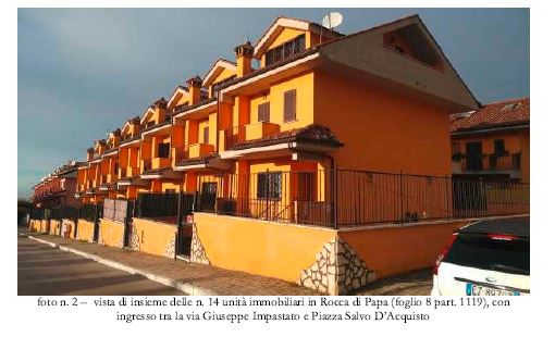 LOTTO 9
Rocca di Papa, Piazza Salvo d’Acquisto snc: proprietà superficiaria di villino su quattro livelli, interno “2-B2”, riportato nel Catasto Fabbricati del Comune di Rocca di Papa come segue:
- al foglio 8, particella 1119, sub 9, categoria A/7, vani 7,5;
