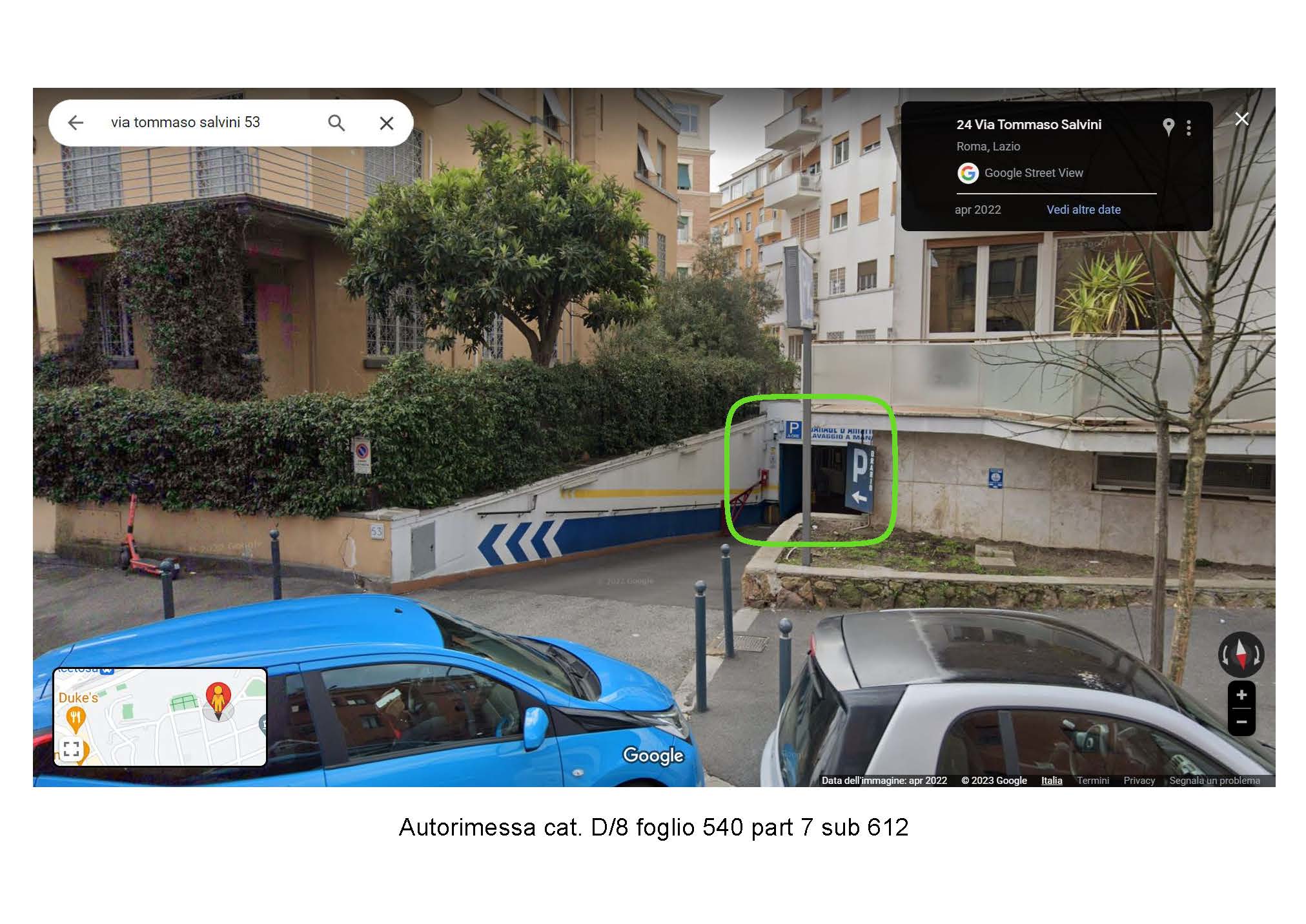 Autorimessa al piano interrato dell'edificio + Ufficio sito al piano terra composto da tre ambienti ed un bagno. L'accesso avviene direttamente dalla rampa dell'autorimessa. Il locale era in uso al custode dell'autorimessa. Identificativi Catastali [N.C.E.U.] Unità Principale cat. D/8 foglio 540 part. 7 sub 612; Unità Principale cat. A/10 foglio 540 part 7 sub 1. Sup. mq (arr) Autorimessa consistenza commerciale ragguagliata mq 1.112 (mq 1.698 superficie coperta lorda + mq 81 superficie scoperta lorda); Ufficio mq catastali 63. Piena Proprietà. Libero.
