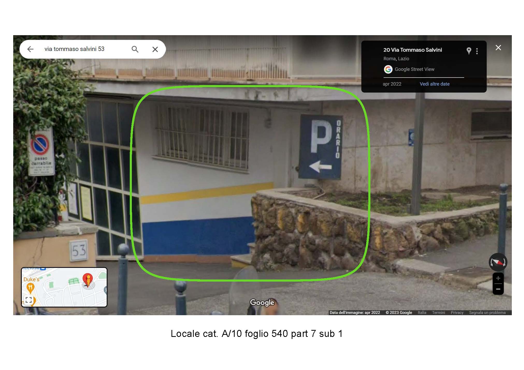 Autorimessa al piano interrato dell'edificio + Ufficio sito al piano terra composto da tre ambienti ed un bagno. L'accesso avviene direttamente dalla rampa dell'autorimessa. Il locale era in uso al custode dell'autorimessa. Identificativi Catastali [N.C.E.U.] Unità Principale cat. D/8 foglio 540 part. 7 sub 612; Unità Principale cat. A/10 foglio 540 part 7 sub 1. Sup. mq (arr) Autorimessa consistenza commerciale ragguagliata mq 1.112 (mq 1.698 superficie coperta lorda + mq 81 superficie scoperta lorda); Ufficio mq catastali 63. Piena Proprietà. Libero.