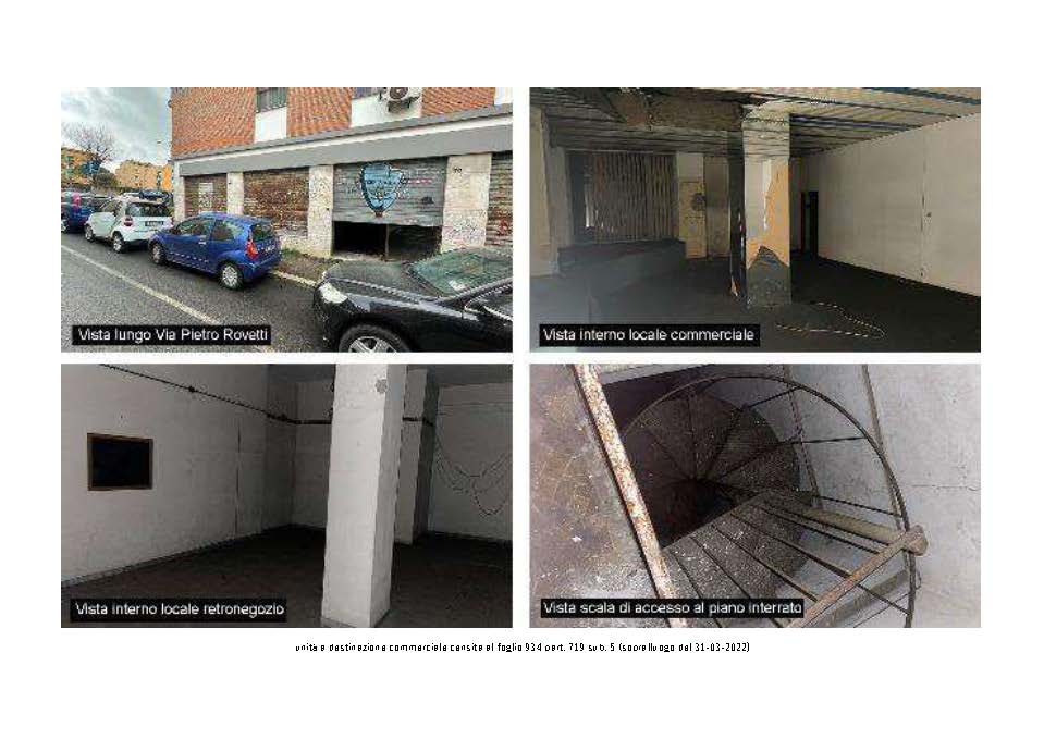 Unità al piano terra composta da locale di vendita diviso da tramezzatura provvisoria in cartongesso e un locale retrostante dove è situata la scala che porta al piano interrato adibito a sottonegozio/magazzino con servizio igienico. Identificativi Catastali [N.C.E.U.] Unità Commerciale cat. C/1 foglio 934 part. 719 sub 5. Sup. mq (arr) mq catastali 225. Lotto libero.
