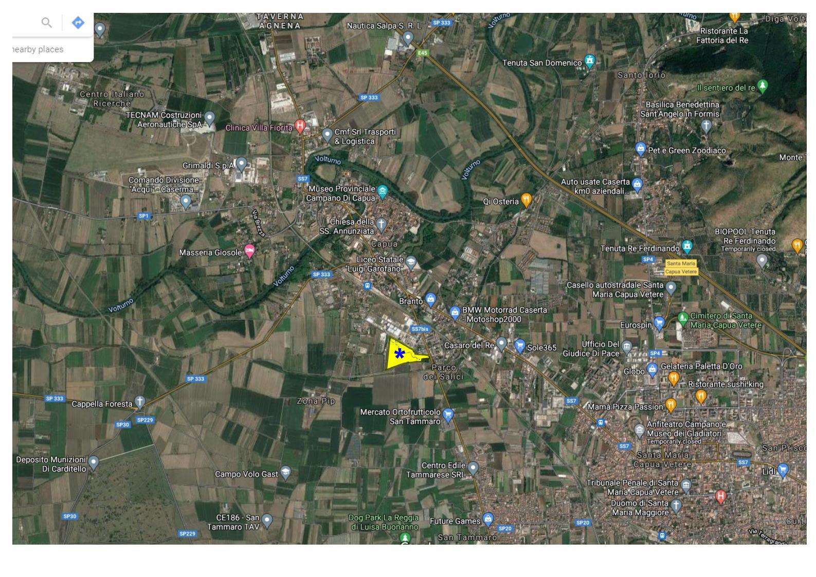 Il terreno in oggetto, nel vigente PRG del Comune di Capua approvato con Decreto del Presidente della Giunta Regionale della Campania n. 3889 del 26.10.1976, ha destinazione urbanistica “Zona D1 – Industriale Esistente e di ampliamento” con indice di zona pari a 1,5 mc/mq. Confermato con la Variante al PRG per le aree produttive approvata con Decreto Sindacale prot. 13743 del 19.07.2007 e pubblicata sul BURC n. 42 del 30.07.2007 che ha abrogato l’indice fondiario e ha limitato l’edificazione industriale nei limiti del rapporto di copertura 0,5 mq/mq. Confermata nel nuovo PUC adottato con delibera di G.C. n. 137 del 23.12.2020 e successiva presa d’atto delle osservazioni di cui alla deliberazione di giunta comunale n. 96 del 22.09.2021. SUP. MQ (ARR.) 102.536