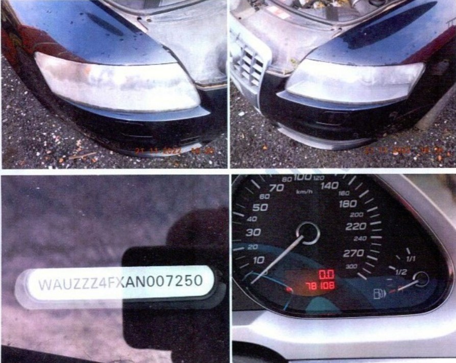 Marca: AUDI 4F, Tipo: S6 AVANT, Targa: DX877VVN, Identificazione veicolo: WAUZZZ4FXAN007250, Data di immatricolazione: 03/07/2009, KW: 320,00, Alimentazione: BENZINA, KM: 78.108, Cilindrata: 5204 cc, Colore: Nero m.to . Lamierati di carrozzeria esterna con assenza deformazioni.Pneumatici MICHELIN 265/35 ZR 19 – (94Y) – datati da sostituire. Rivestimento insonorizzante cofano da sostituire.n. 2 cerchi ruota in lega abrasi. Danni meccanici non da escludere (il motore non si avvia con booster). I costi di intervento e riparazione, sulla base delle verifiche peritali, ammontano ad € 4.037,77. 