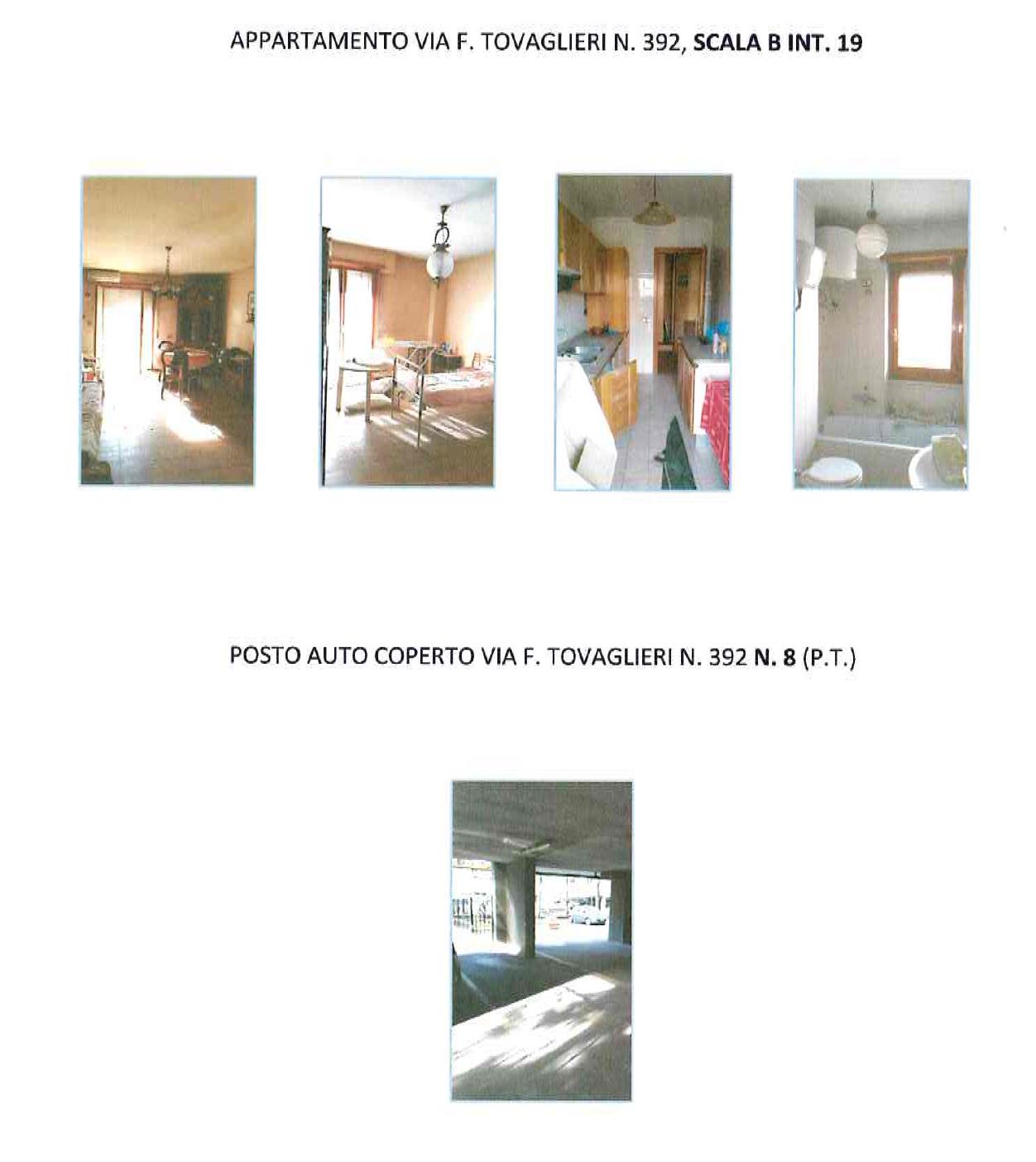 Appartamento composto da ingresso, corridoio, salone, disimpegno, cucina, bagno, camera e 2 balconi + Posto auto coperto n. 8 piano terra. Identificativi Catastali [N.C.E.U.] Unità Residenziale cat. A/2 foglio 648 part. 325 sub 57  - Unità Secondaria cat. C/6 foglio 648 part. 325 sub 550. Sup. (arr.) mq catastali 82  - mq catastali 15
