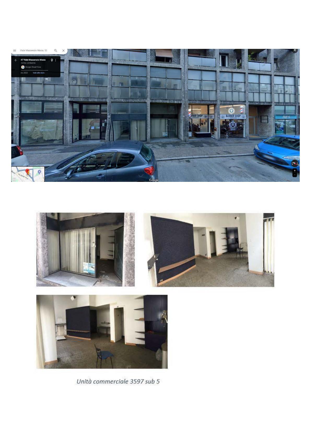 Unità a destinazione commerciale posta al piano terreno, con accesso direttamente da viale Masia e costituita da un unico ampio vano uso negozio, oltre che da servizi igienici con antibagno. Il cespite si presenta in pessime condizioni manutentive, con evidente necessità di rifacimento degli impianti. Locale di deposito al civico 53 piano cantinato S1 int. 48. Pianta rettangolare e altezza interna di 2,10 m. Id. Cat. [N.C.E.U.] Unità Commerciale cat. C/1 sez. BOR foglio 5 part. 3597 sub 5, Unità Secondaria cat. C/2 sez. BOR foglio 5 part. 3597 sub 102. 14. Sup. mq catastali 36, mq catastali 6. Libero. Piena Proprietà.