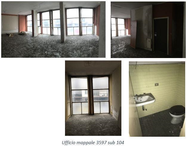 Ufficio posto al piano primo, composto da ingresso, ampio salone, atrio, disimpegno,quattro vani e bagno. su viale Masia ampie vetrate, ottima luminosità. Altezza interna pari a 3,00 m. Stato manutentivo scadente. Locale di deposito al civico 53 piano cantinato S1 int. 19. Pianta rettangolare e altezza interna di 2,10 m. Box auto al piano terra (catastalmente piano cantinato) int. 27 in autorimessa con accesso dal cortile comune. Pianta rettangolare e altezza interna di 2,15 m.. Id. Cat. [N.C.E.U.] Unità Principale cat. A/10 sez. BOR foglio 5 part. 3597 sub 104, Unità Secondaria cat. C/2 sez. BOR foglio 5 part. 3597 sub 73, Unità Secondaria cat. C/6 sez. BOR foglio 5 part. 3598 sub 29. 14. Sup. mq catastali 198, mq catastali 6, mq catastali 11. Libero. Piena Proprietà.