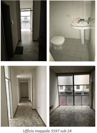 Ufficio posto al piano primo, composto da ingresso, corridoio, quattro vani e bagno. Ampie vetrate, conferendo complessivamente al bene un'ottima luminosità. Altezza interna pari a 3,00 m. Stato manutentivo complessivamente scadente. Locale di deposito al civico 53 piano 7 sottotetto. Pianta rettangolare e altezza interna di 2,50 m. Box auto al piano terra (catastalmente piano cantinato) int. 14 in autorimessa con accesso dal cortile comune. Pianta rettangolare e altezza interna di 2,15 m. Id. cat. Unità Principale cat. A/10 sez. BOR foglio 5 part. 3597 sub 24  e Unità Secondaria cat. C/2 sez. BOR foglio 5 part. 3598 sub 23  e Unità Secondaria cat. C/6 sez. BOR foglio 5 part. 3597 sub 47. Sup. MQ (arr)mq catastali 90  e mq catastali 5  e mq catastali 14.Libero.Piena proprietà.