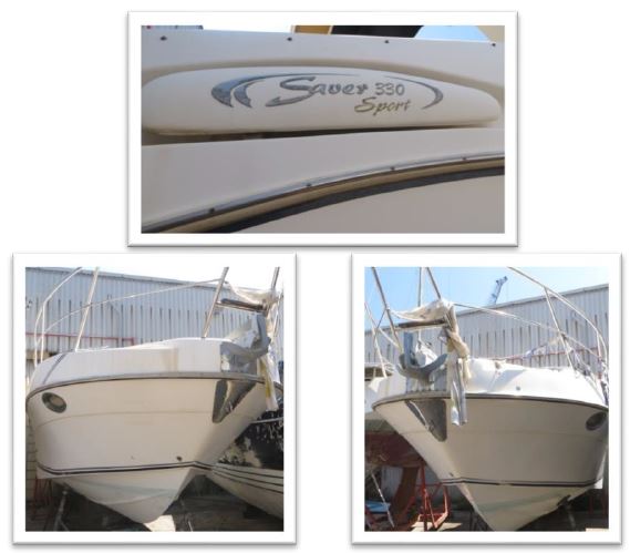 NATANTE SAVER 330 SPORT; OMOLOGATO R.I.N.A: CE CATEGORY B; LUNGHEZZA OMOLOGAZIONE 9,93m; LARGHEZZA MAX: 3,24m; MATERIALE SCAFO: VTR; ALTEZZA IN CABINA: 2.10m; PATENTE CATEGORIA: A COPERTA : VTR; COMANDO TIMONE: A DISTANZA COLORE : BIANCO; MOTORE : N°2 VOLVO PENTA EFBD ORE MOTORE : NON RILEVABILI; POTENZA CV/KW : 231/314cv COMBUSTIBILE: GASOLIO; SERBATOIO CARBURANTE: 490 litri SERBATOIO ACQUA: 110 litri PERSONE TRASPORTABILI: 10 MAX .