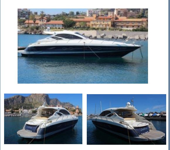 Imbarcazione da diporto denominata “CI VOLEVA” n. identificativo VG5199/D del R.I.D di Viareggio; CANTIERE Modello BLU MARTIN SEA TOP 13.90; ANNO COSTRUZIONE : 2006>; OMOLOGATO R.I.N.A: CE CATEGORY B; LUNGHEZZA OMOLOGAZIONE 13,90m; LARGHEZZA MAX: 4,05m; PESCAGGIO: 0,70m; DISCLOCAMENTO: 13 ton.; MATERIALE SCAFO: GRP; ALTEZZA IN CABINA: 2.10m; PATENTE CATEGORIA: B-SENZA LIMITI; COPERTA : TEAK-GRP; COMANDO TIMONE: A DISTANZA; COLORE : BLU; MOTORI : N°2 YANMAR 440Mhp; POTENZA KW/CV : X2 324/440; COMBUSTIBILE: GASOLIO; SERBATOIO CARBURANTE: 912 litri; SERBATOIO ACQUA: 411 litri ; PERSONE TRASPORTABILI: 12 MAX, APPARECCHIATURE A BORDO: NAVIGAZIONE D’ALTURA, BATTERIE: 2, CABINE: n° 3 POSTI LETTO (3 CABINE) 6, BAGNI: n° 2 AUTOCLAVE: PRESENTE