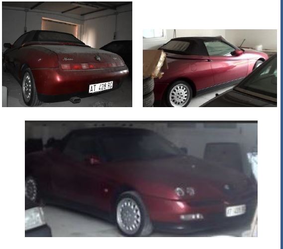 Targa AT428RG; MODELLO ALFA ROMEO SPIDER 2.0I 16V ; telaio ZAR91600006019640; Data Dichiarazione Conformita' 10/05/1996; Data Immatricolazione 31/07/1997; Data Aggiornamento Carta Circolazione 15/05/2013; KW 110,00 Classe / Uso AUTOVETTURA / PRIVATO TRASPORTO PERSONE; Carrozzeria APERTA Cilindrata 1970; Alimentazione BENZINA; Tara 1440; Portata 190; Peso Complessivo 1630; Dispositivo Antinquinamento SI; Posti n. 2; Assi n. 2